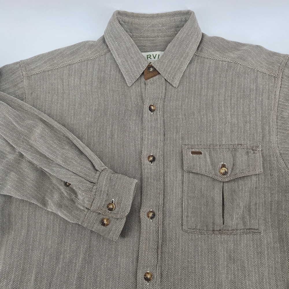 Vintage Orvis Heavyweight Herringbone Flannel Button Up Shirt Brown Tweed Style